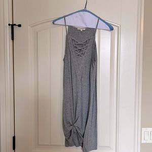 Easel grey spaghetti strap tank with lace detail.